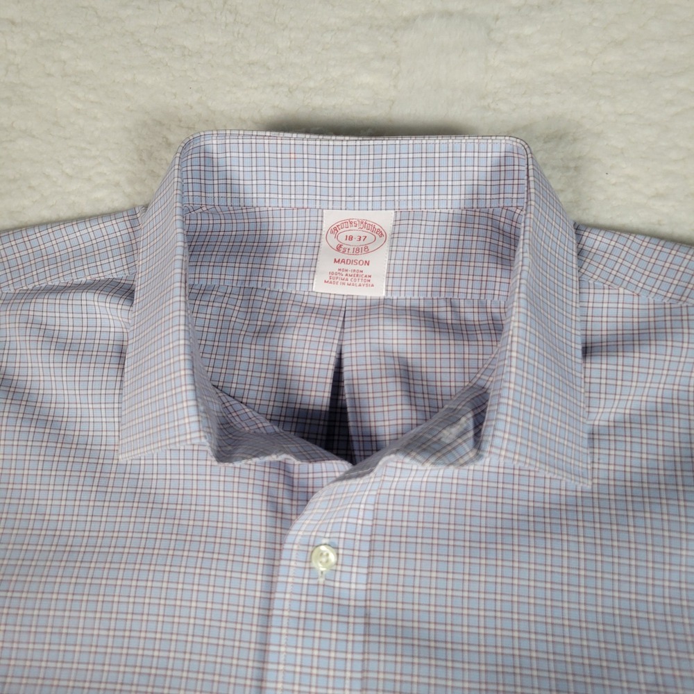 Brooks Brothers Dress Shirt Mens 18 37 (18 35) Light Blue Madison Fit  Check